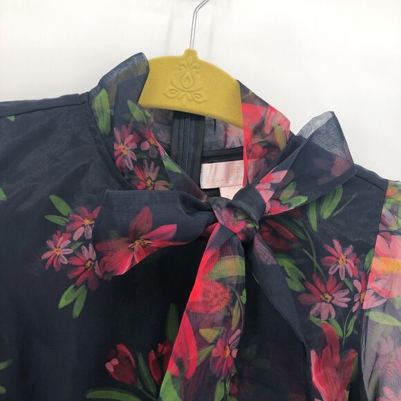 New NoTag Rachel Parcell Floral Tie Neck Long Sleeve Organza Satin Dress Size 4 - Picture 3 of 8